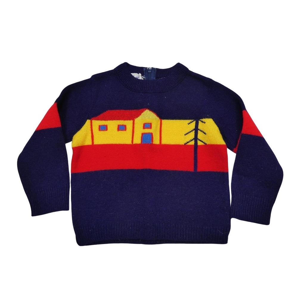 VINTAGE A Little Angel Sweater Girls 3T Blue Red Yellow House Graphic Knit